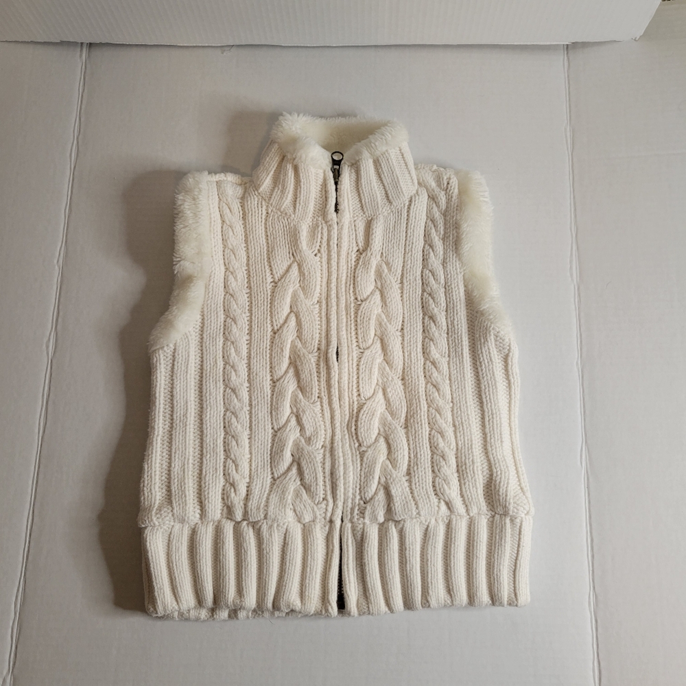 GAP KIDS Fur Trim Cable Knit Zip Up Vest Toddler Girls Size 6/7  Off White